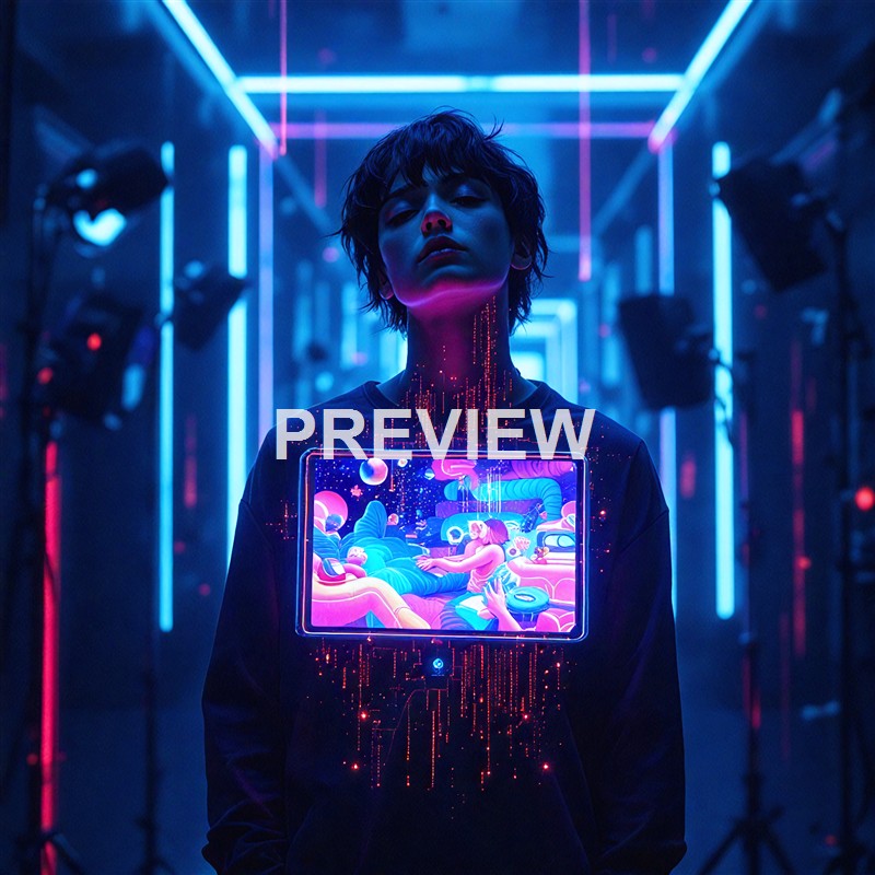 A person with short, messy hair stands in a dark room illuminated by vibrant blue and purple neon lights, with a digital display on their chest showing a colorful animated scene of a girl in a fantasy setting.